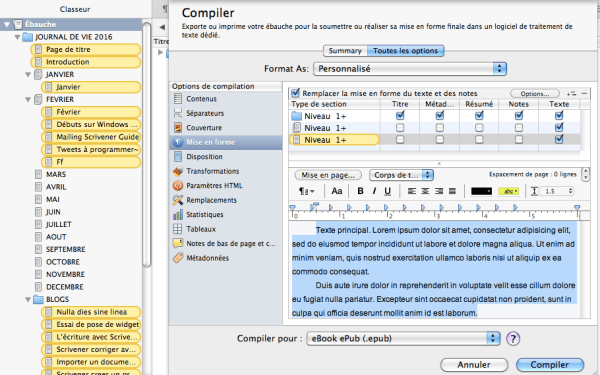 retrait texte compiler scrivener