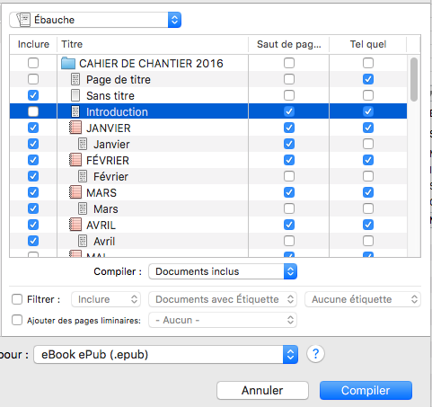 Tableau de compilation :on peut cocher les sauts de page avant ici.