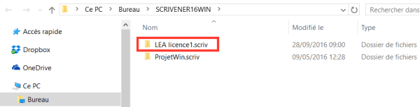 Le projet Scrivener est dans le dossier choisi