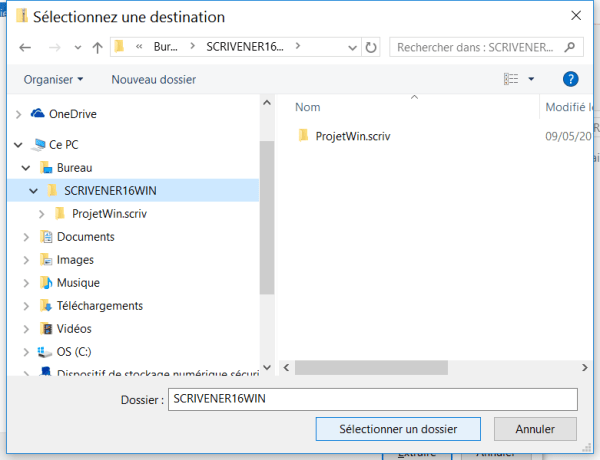 Sélectionner la destination du projet Scrivener
