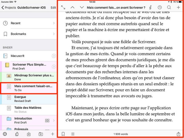 Nouvelle page, nouveau chapitre. Couleur selon avancement écriture