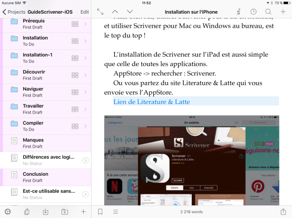 Ecran de l'article en cours, avec le classeur à gauche et l'éditeur de texte, que l'on peut agrandir en page unique